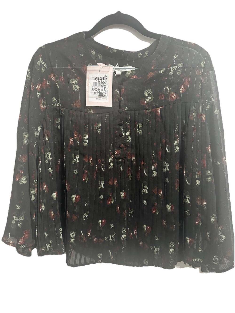 Avec Les Filles Women’s Black Floral Top Accordion Sheer Career Medium NWT $78